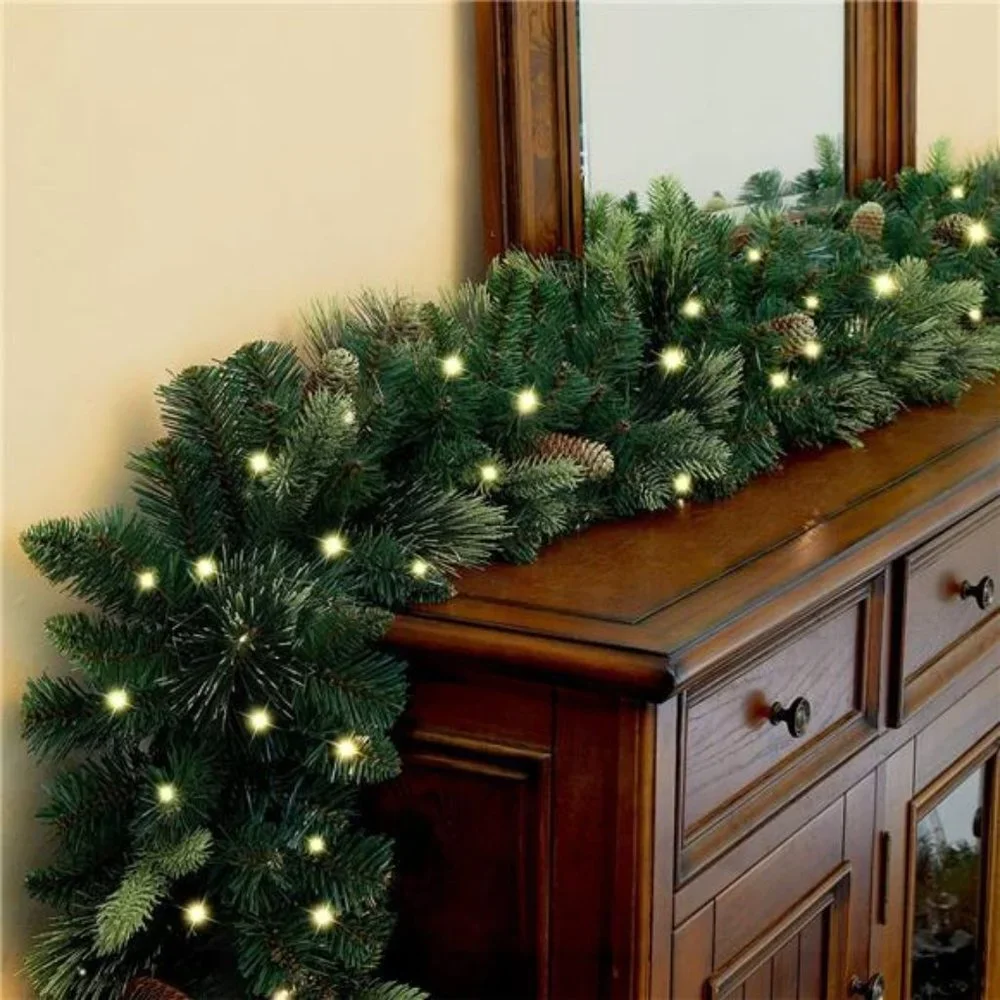 9FT Pre-lit Christmas Garland, with 50 LED Lights, Xmas Garland with Pine Cones